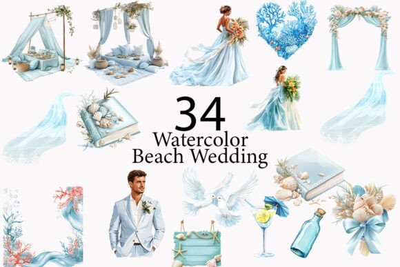 Beach Wedding Watercolor Clipart: 35 PNGs for Creative Designs