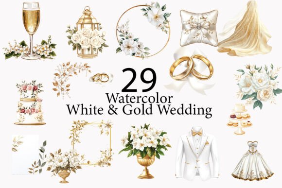 Elegant White & Gold Wedding Clipart for Timeless Designs