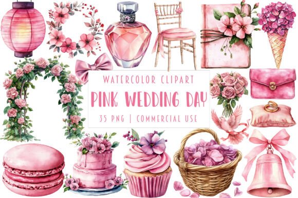 Watercolor Pink Wedding Day Clipart: A Designer's Delicate Touch